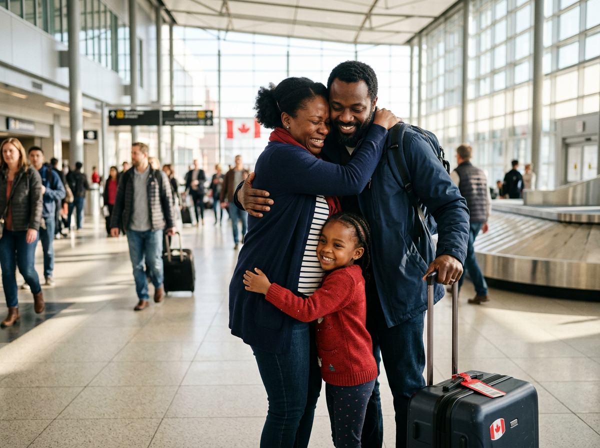 A family embracing in a Canadian airport arrivals hall after being reunited