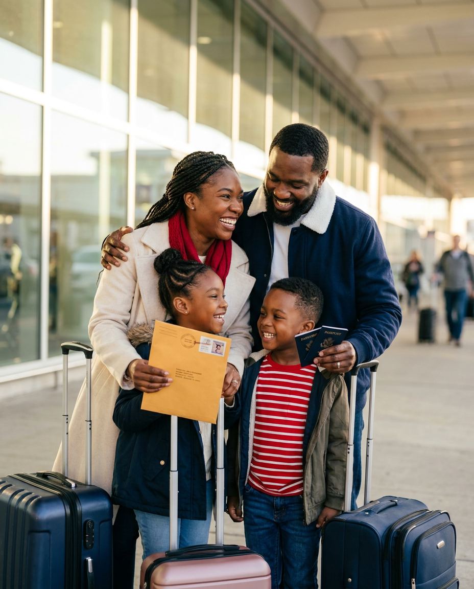 Happy family arriving in Canada with their suitcases, passports and visa approval letter