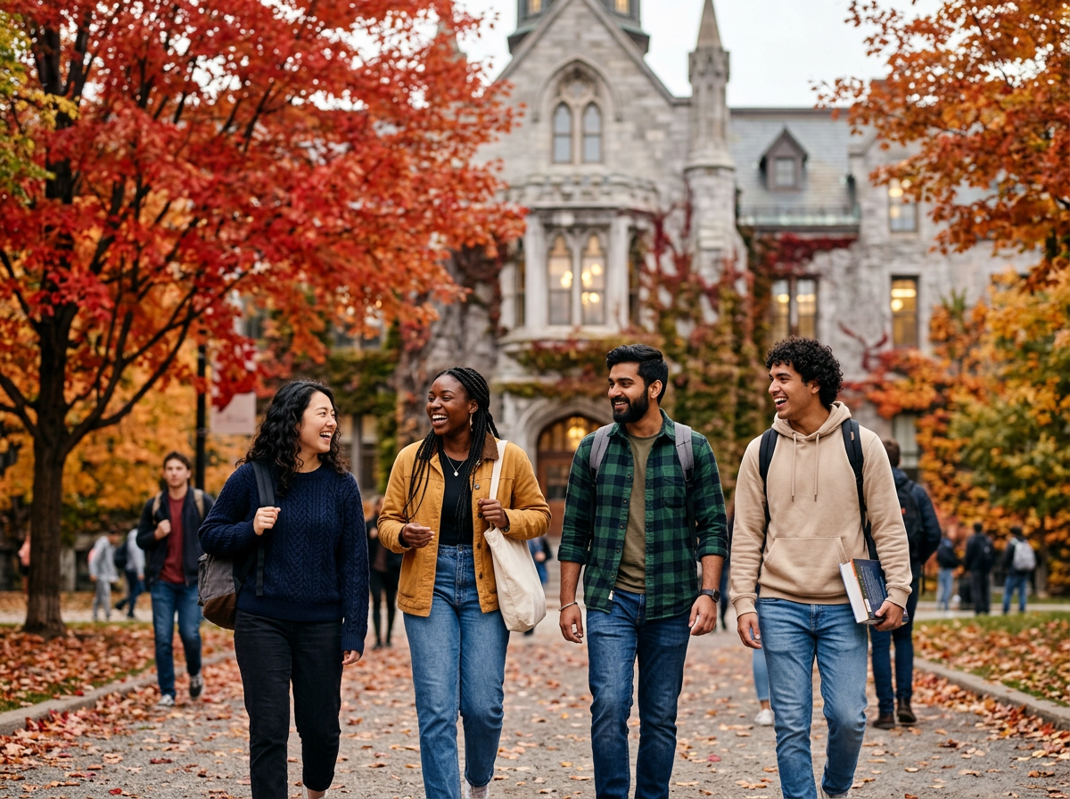 International students walking on a Canadian university campus in autumn