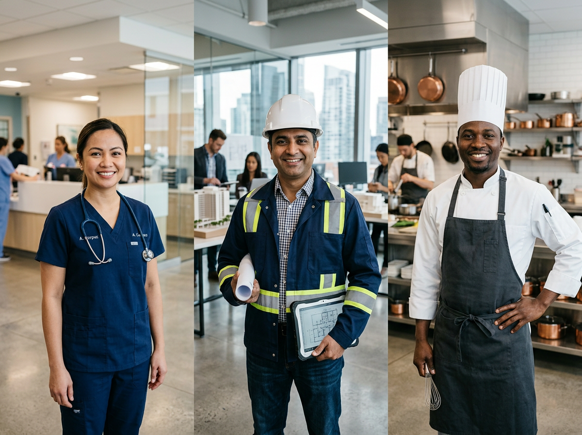 Skilled workers, a nurse, an engineer and a chef, in a Canadian workplace